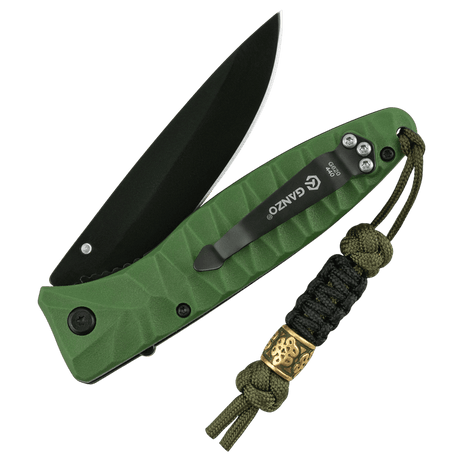 Grøn foldet kniv med M-Tac Lanyard Scandinavian Small Chinese Knot i paracord og skandinavisk motiv perle