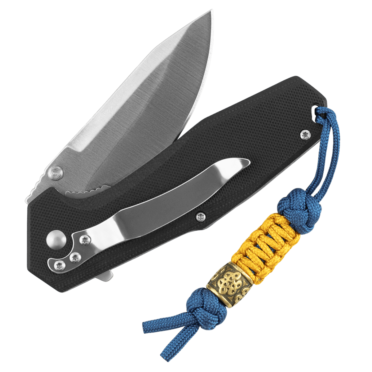 M-Tac Lanyard Scandinavian Small Chinese Knot med dekorativ perle på en foldbar kniv, paracord design i blå og gul.