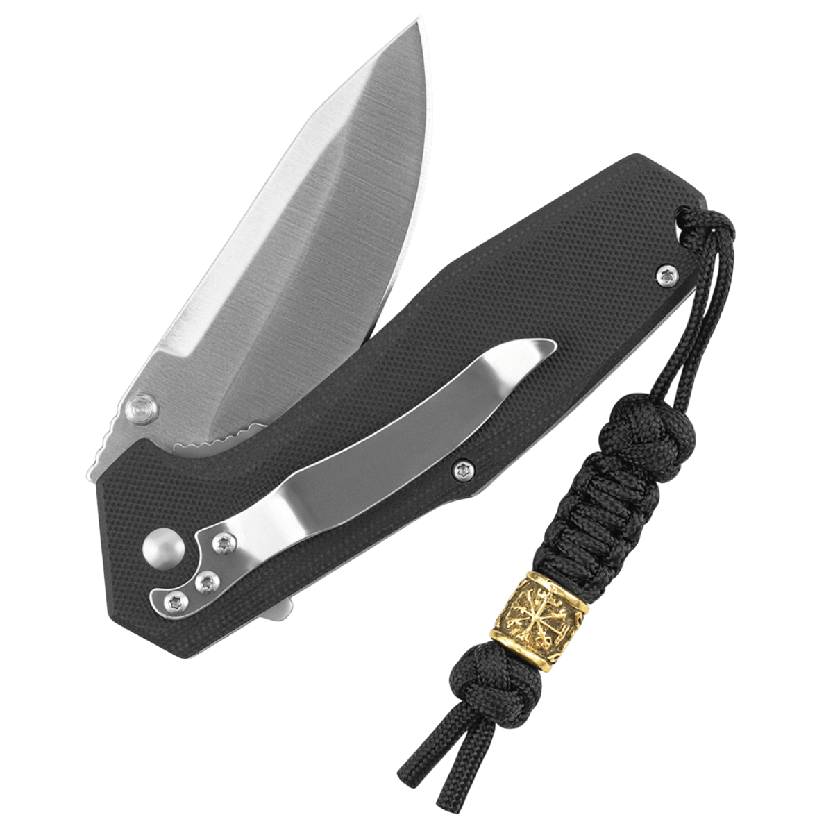 Folding knife with M-Tac Lanyard Scandinavian Small Helmet of Terror, featuring decorative Scandinavian bead and paracord.