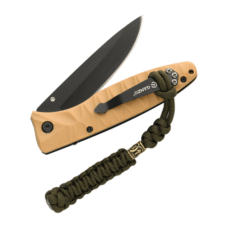 M-Tac Knife Lanyard Loopy Snake Scandinavian i flettet paracord, festet til lommekniv med brunt håndtak og svart klinge