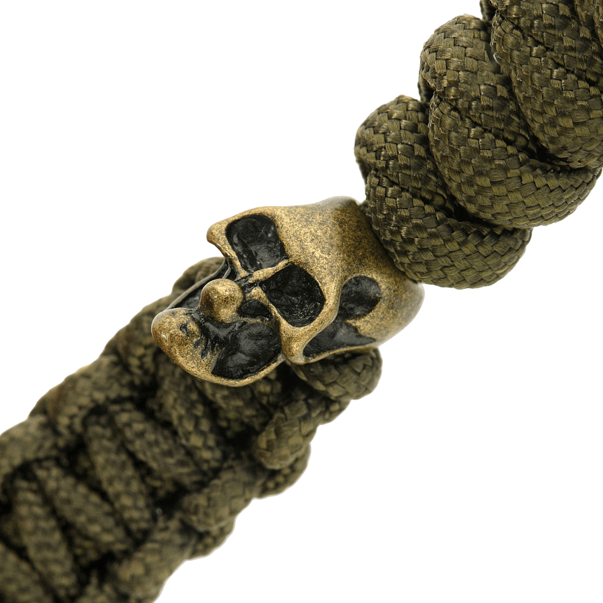 Detalje af olivengrøn M-Tac Loopy Snake Skull Lanyard, vist med flettet paracord og dekorativt kranie i metal, til kniv og udstyr.