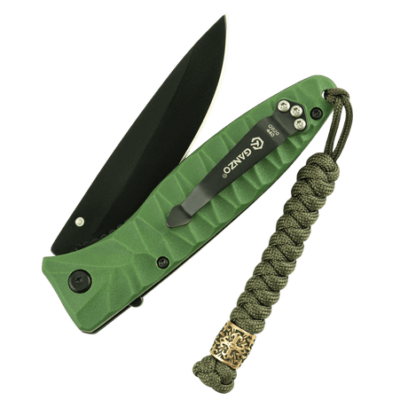 Grønn lommekniv med M-Tac Viper Lanyard Scandinavian i flettet paracord og Viper-perle i skandinavisk design, stilfullt tilbehør.
