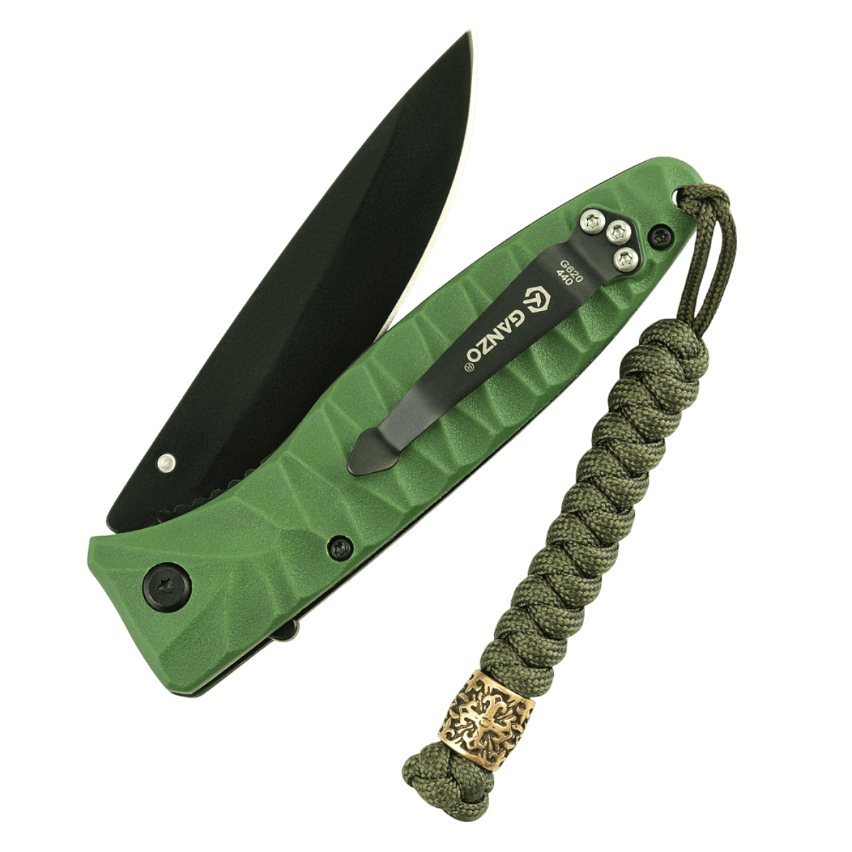 Grøn kniv med M-Tac Viper Lanyard Scandinavian i flettet paracord med Viper-perle, skandinavisk design, praktisk til dagligt brug.