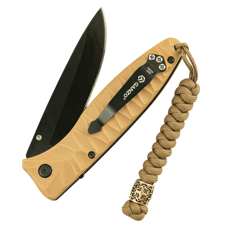 Sammenfoldet lommekniv med M-Tac Viper Lanyard Scandinavian og flettet paracord, skandinavisk design, Viper-perlemotiv.