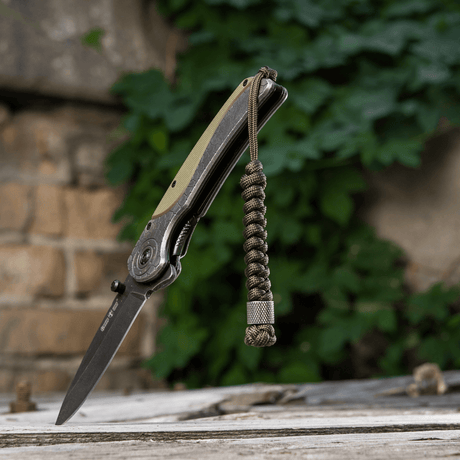 M-Tac Viper Lanyard Stainless Steel med rustfritt perle og fallskjermline ved siden av kniven på utendørs bakgrunn.