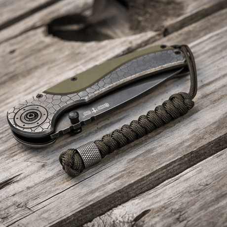 M-Tac Viper Lanyard Stainless Steel i flettet paracord ved siden av en sammenleggbar kniv på et trebord.
