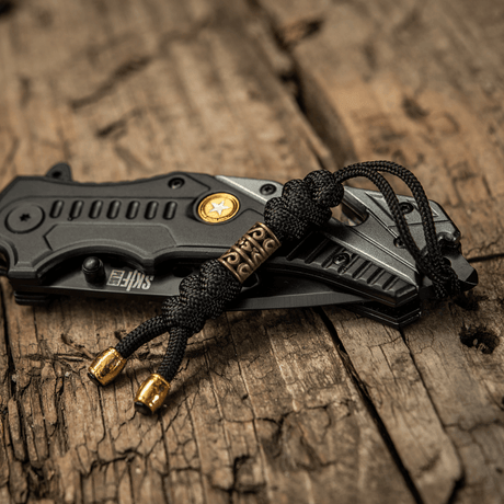 M-Tac Zeus Lanyard paracord ved en foldekniv på trebord.