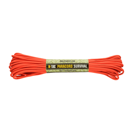 M-Tac Paracord Survival 15m i orange, sterk og lett nylonparacord med 7 kjernetråder, designet for overlevelse og friluftsliv.