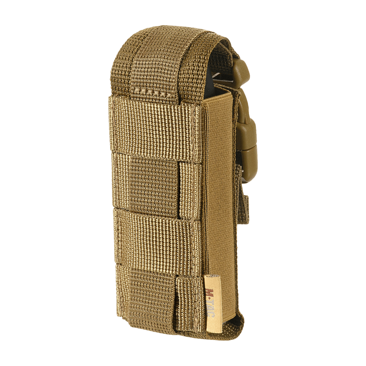 M-Tac Gasdåseholder Vertikal i brun, MOLLE-kompatibel, med justerbar Woojin-lås og MIL-SPEC stropper til pålidelig udstyrsholder.