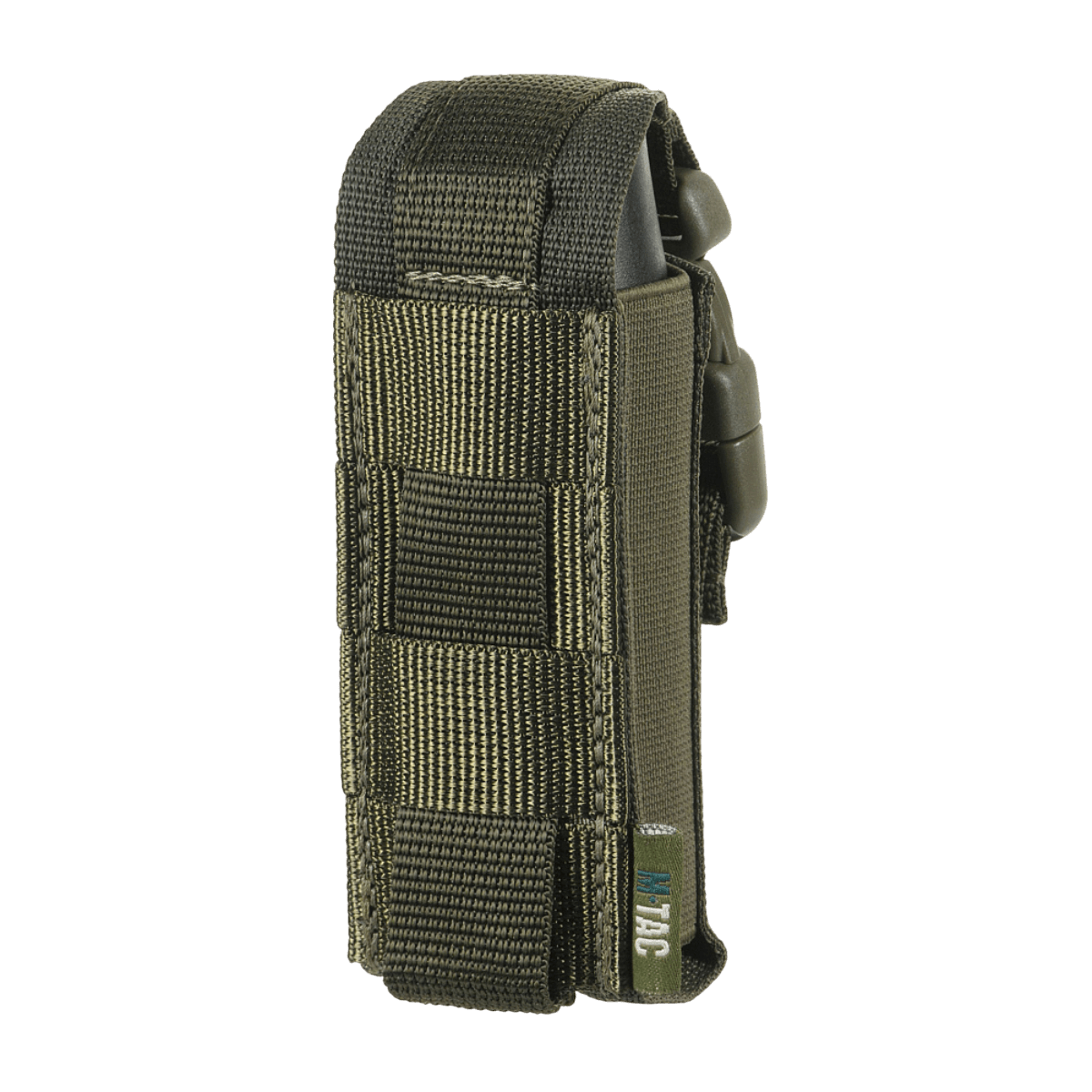 M-Tac Gasdåseholder Vertikal, praktisk MOLLE-monteret gasflaskeholder i olivengrøn med MIL-SPEC strop og Woojin-lås, sidevisning.