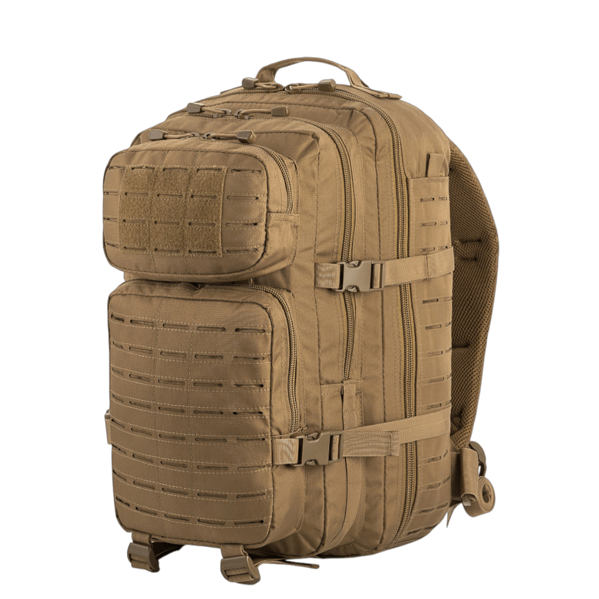 M-Tac Large Assault Pack Rygsæk Laser Cut med MOLLE-system, to store hovedlommer og polstrede skulderremme for komfortabel bæring.
