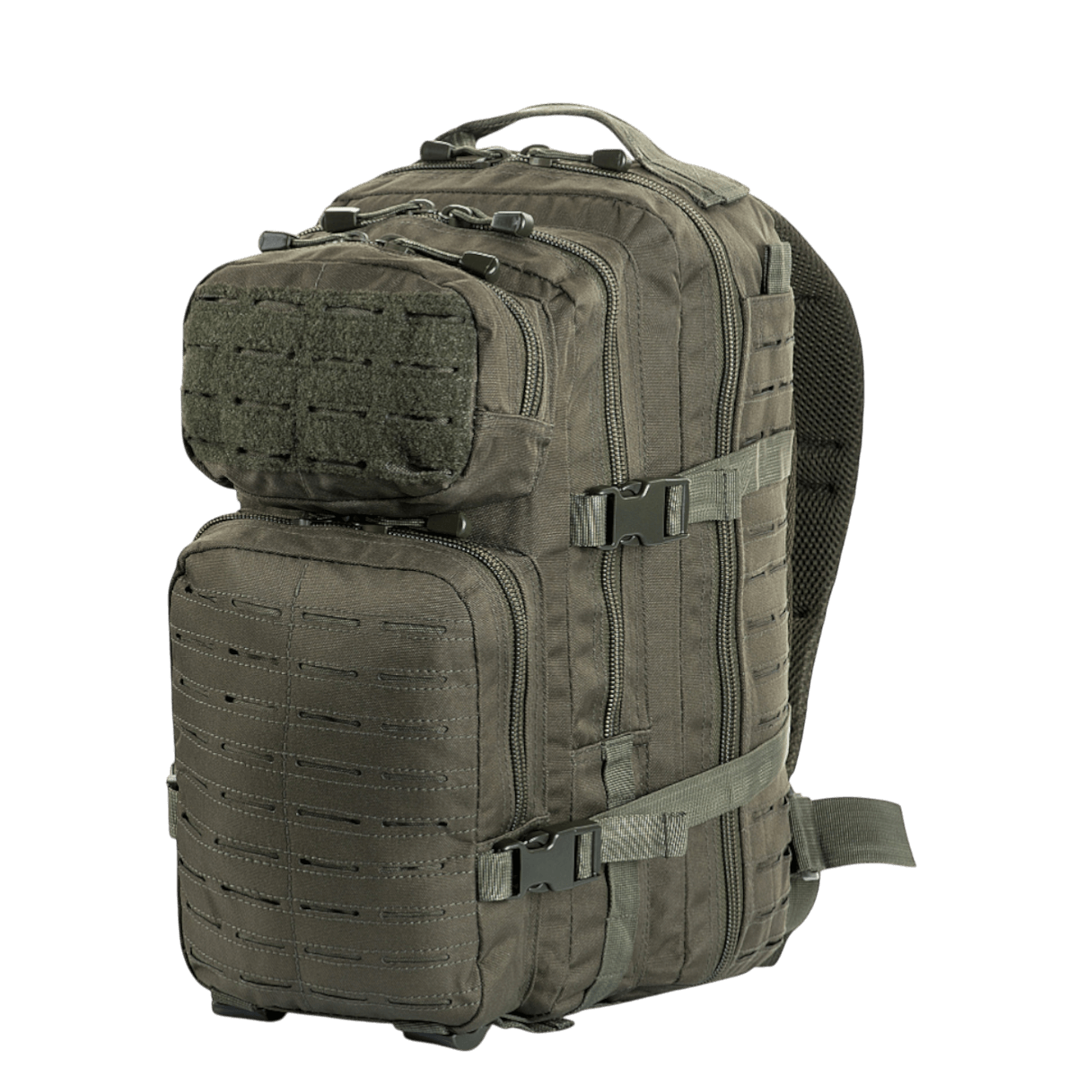 M-Tac Large Assault Pack Rygsæk Laser Cut med MOLLE-system og polstrede skulderremme, i olivengrøn farve, set fra siden