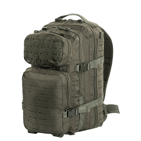 M-Tac Large Assault Pack ryggsekk Laser Cut med MOLLE-system og justerbare polstrede skulderstropper, sett fra siden.