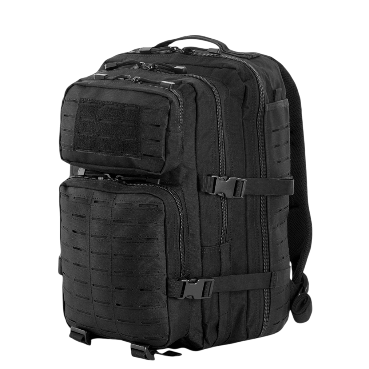M-Tac Large Assault Pack Rygsæk Laser Cut med polstrede skulderremme og MOLLE-system, sort backpack, front- og sidelommer.