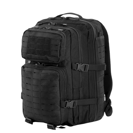 M-Tac Large Assault Pack ryggsekk Laser Cut med MOLLE-system og ventilasjonslomme, svart design.