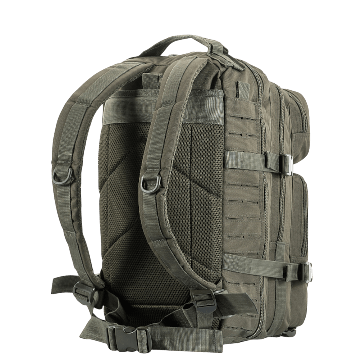 M-Tac Large Assault Pack Rygsæk Laser Cut med MOLLE-system, lynlåslommer, polstrede skulderremme, og ventilerende membran.