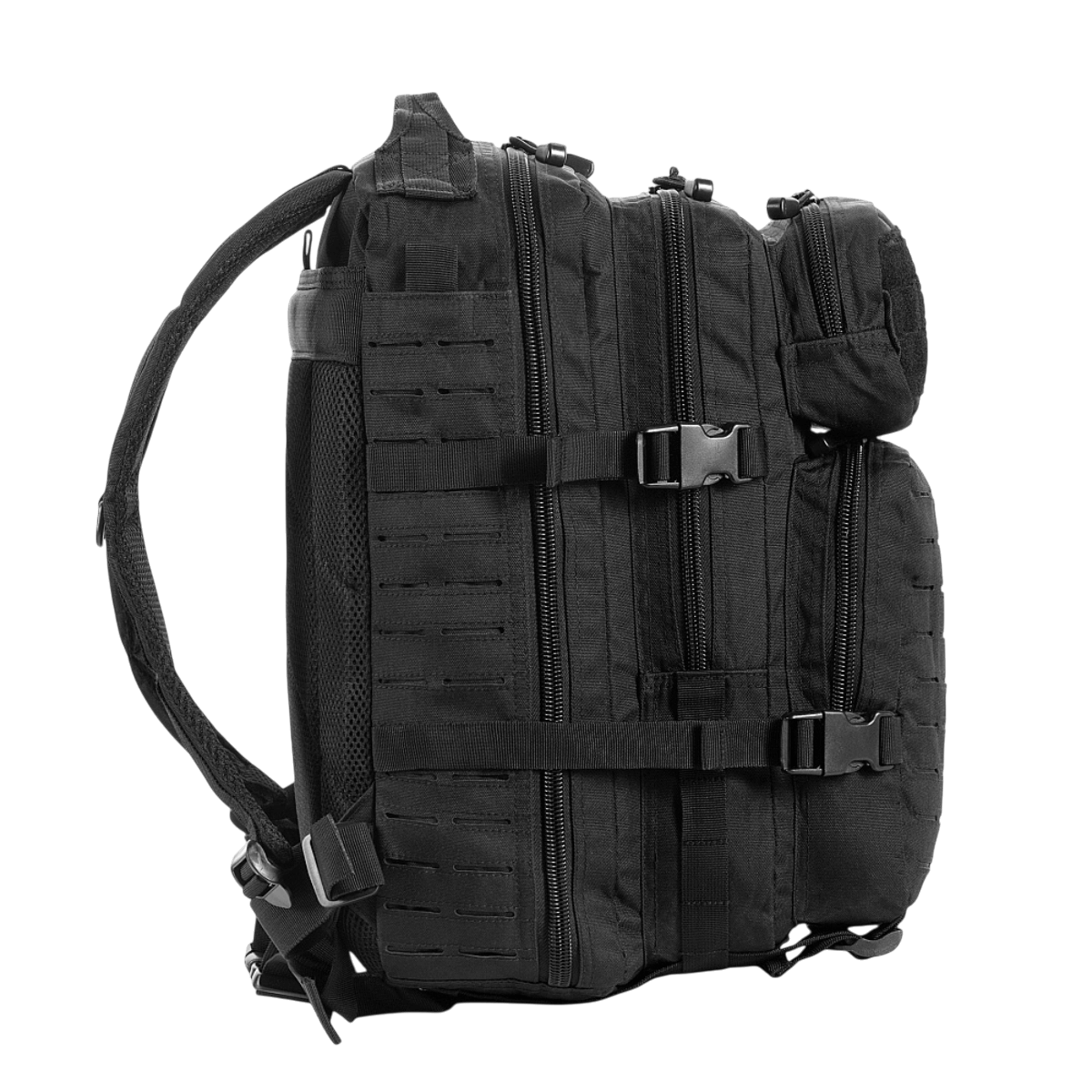 M-Tac Assault Pack Laser Cut sort rygsæk med MOLLE-system og justerbare remme til bybrug eller korte vandreture.