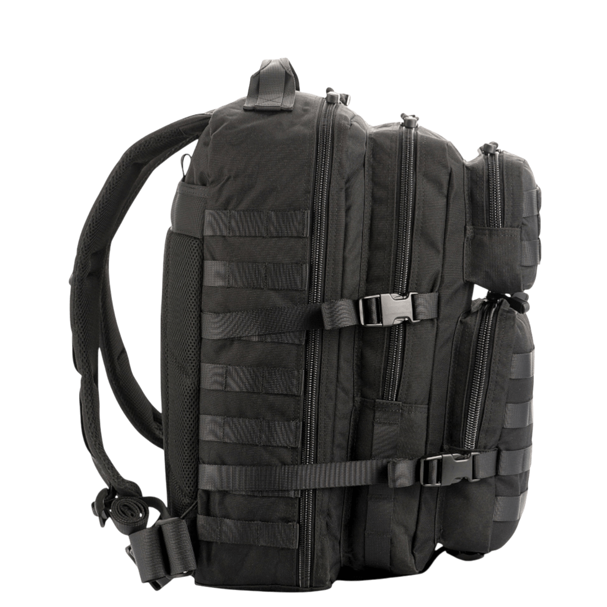 M-Tac Large Assault Pack Rygsæk set fra siden med lynlåslommer og MOLLE-fastgørelsessystem, ideel til by og vandreture.