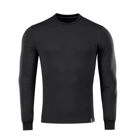 M-Tac Pullover 4 Seasons i svart med rund hals, minimalistisk design, ideell for daglig og taktisk bruk hele året, laget av bomull og elastan