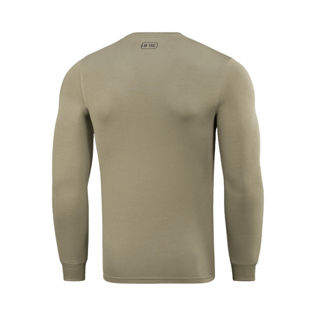 M-Tac Pullover 4 Seasons i beige sett bakfra, langermet, rund hals, allsidig design for helårsbruk, produktkode på ryggen
