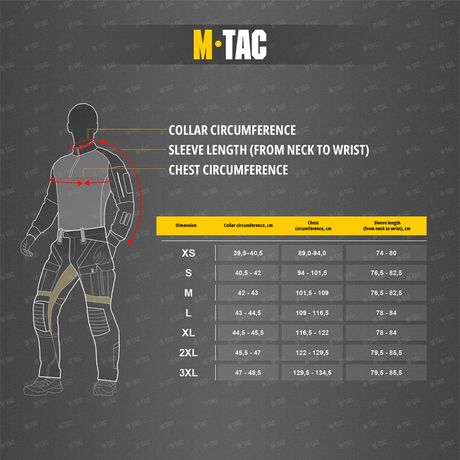 Størrelsesguide for M-Tac Pullover 4 Seasons med mål for krage, ermelengde og brystomkrets