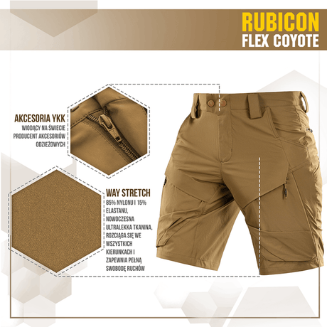 M-Tac Shorts Rubicon Flex Coyote med YKK lynlås, cargolommer og 4-vejs stretch, designet til komfort og alsidighed.