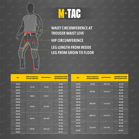 M-Tac Bukser Rubicon Flex størrelsesguide med taljemål, hoftemål og benlængdemål.