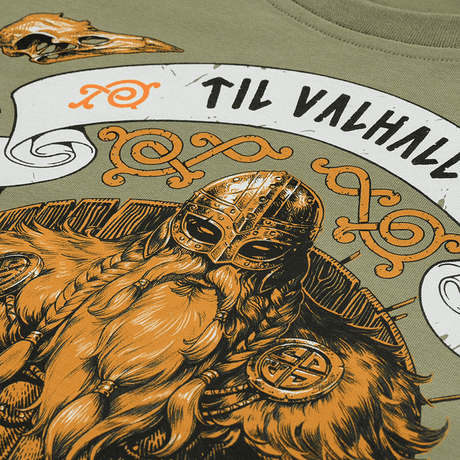 M-Tac T-shirt Viking med frygtindgydende viking og "Til Valhall" tekst, fremhæver kampgejst og værdier. Fremstillet af 93% bomuld.