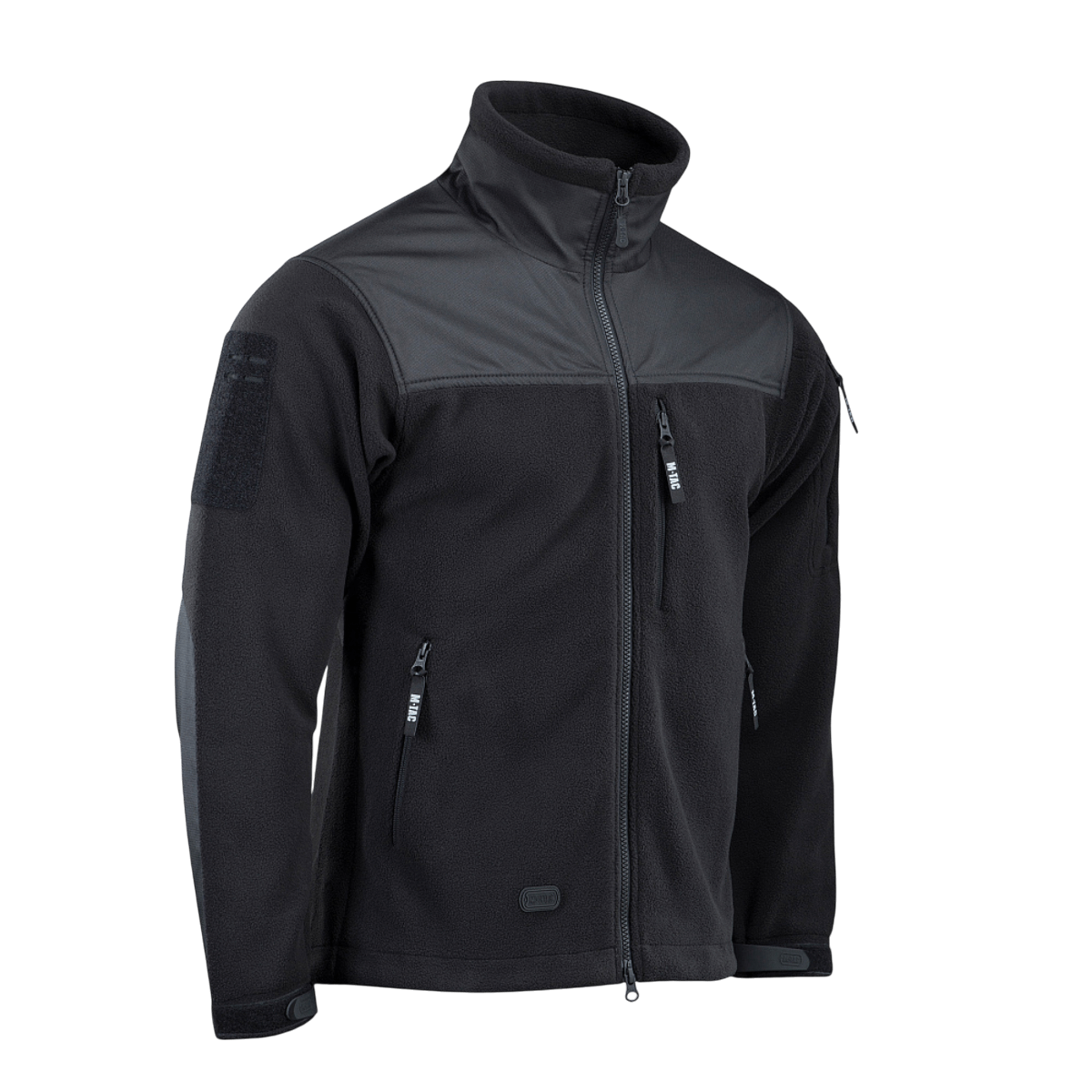 Sort M-Tac Alpha Microfleece Jakke Gen.II til taktisk og outdoor-brug, fremstillet af forstærket fleece og Oxford nylon.