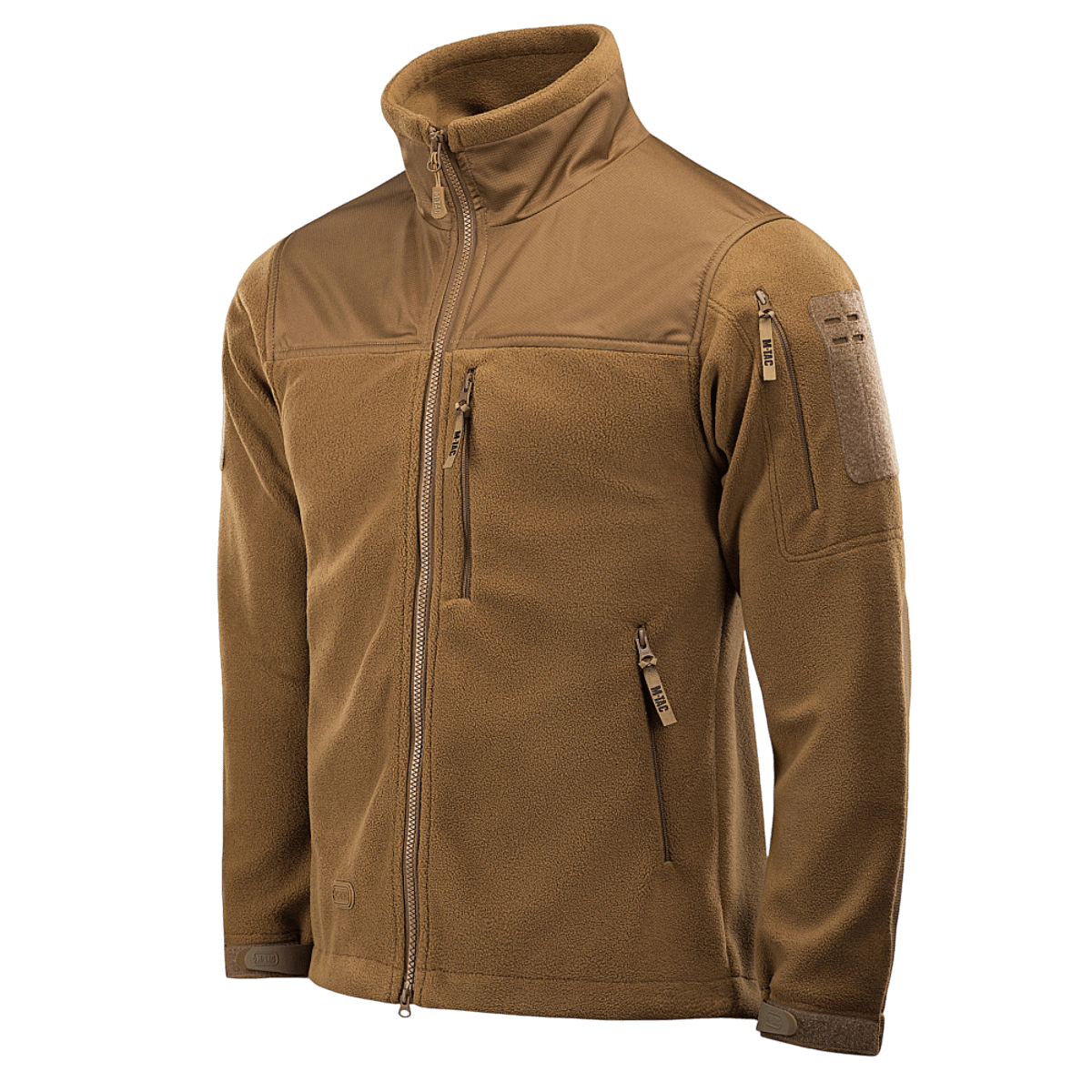 M-Tac Alpha Microfleece Jakke Gen.II i brun farve, designet til taktisk og outdoor brug, med forstærkede skuldre og ærmer for slidstyrke.