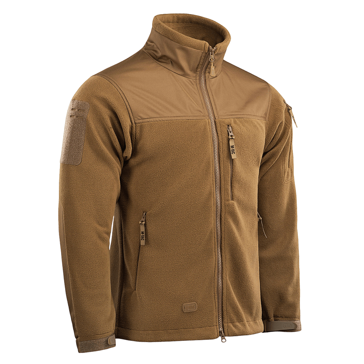 M-Tac Alpha Microfleece Jakke Gen.II i brun, ideel til taktisk og outdoor brug i koldt vejr, lavet af forstærket fleece og Oxford nylon.
