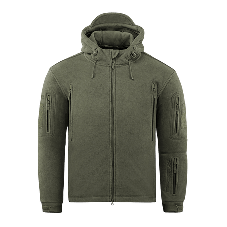 M-Tac Division Gen.II Windblock Fleecejakke i olivengrøn med hætte, designet til varme og vindbeskyttelse i køligt og koldt vejr.