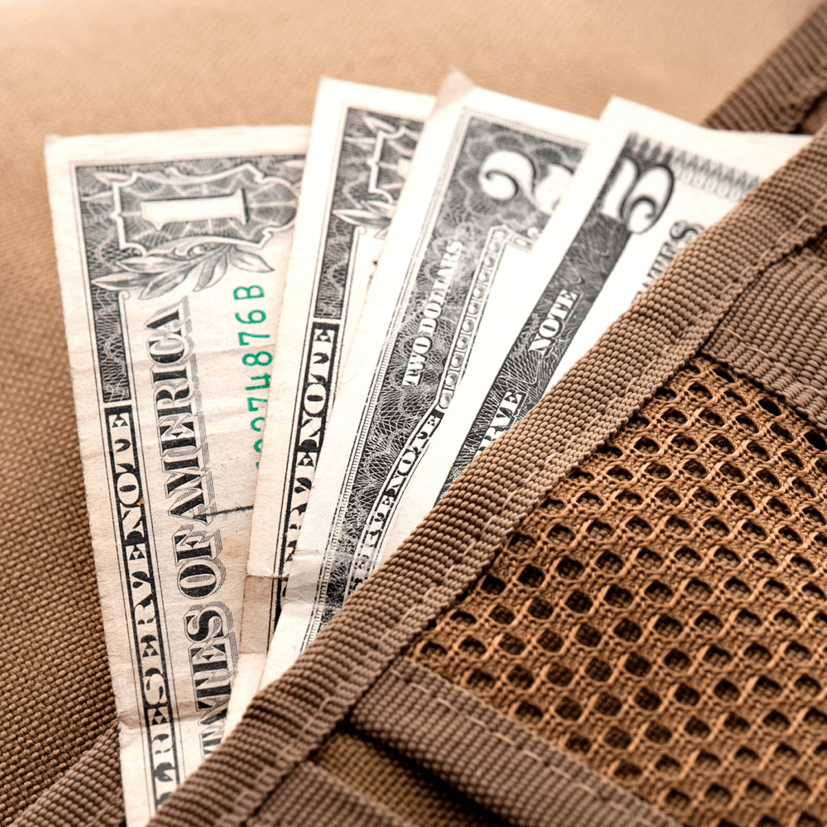 Nærbillede af M-Tac Pung med Patch Panel Elite, der viser indvendige rum fulde af amerikansk valuta.