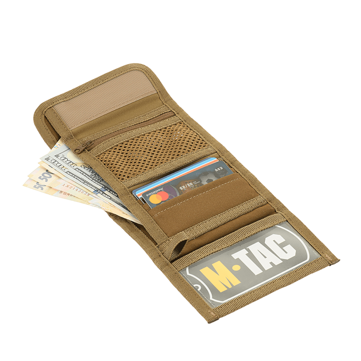 M-Tac Pung med Patch Panel Elite Gen. II i slidstærkt materiale, med rum til kontanter, kort og dokumenter, åbnet på grøn baggrund.