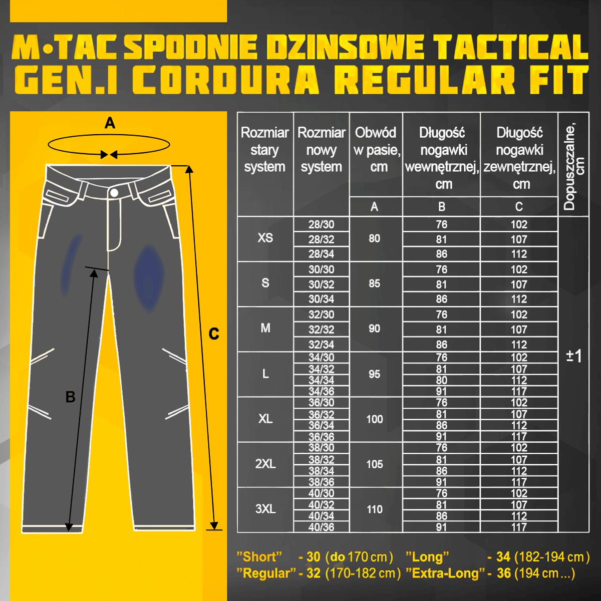 M-Tac Jeans Tactical Gen. I Cordura Regular Fit størrelsesguide og diagram på polsk med målinger og illustration.