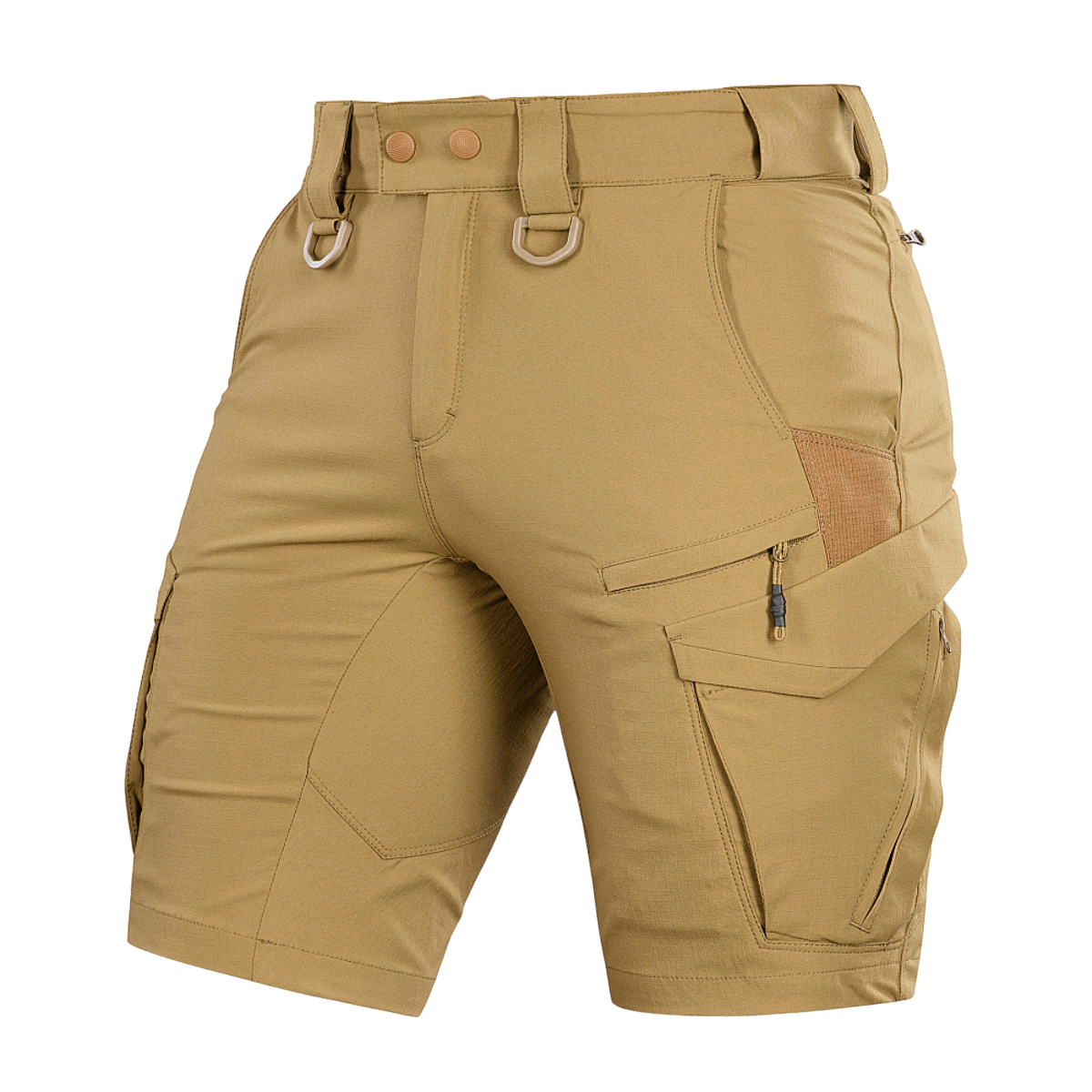 M-Tac Aggressor Summer Flex Shorts i letvægts-taktisk design, fremstillet af Flex Rip-Stop stof med flere lommer og justerbare funktioner.