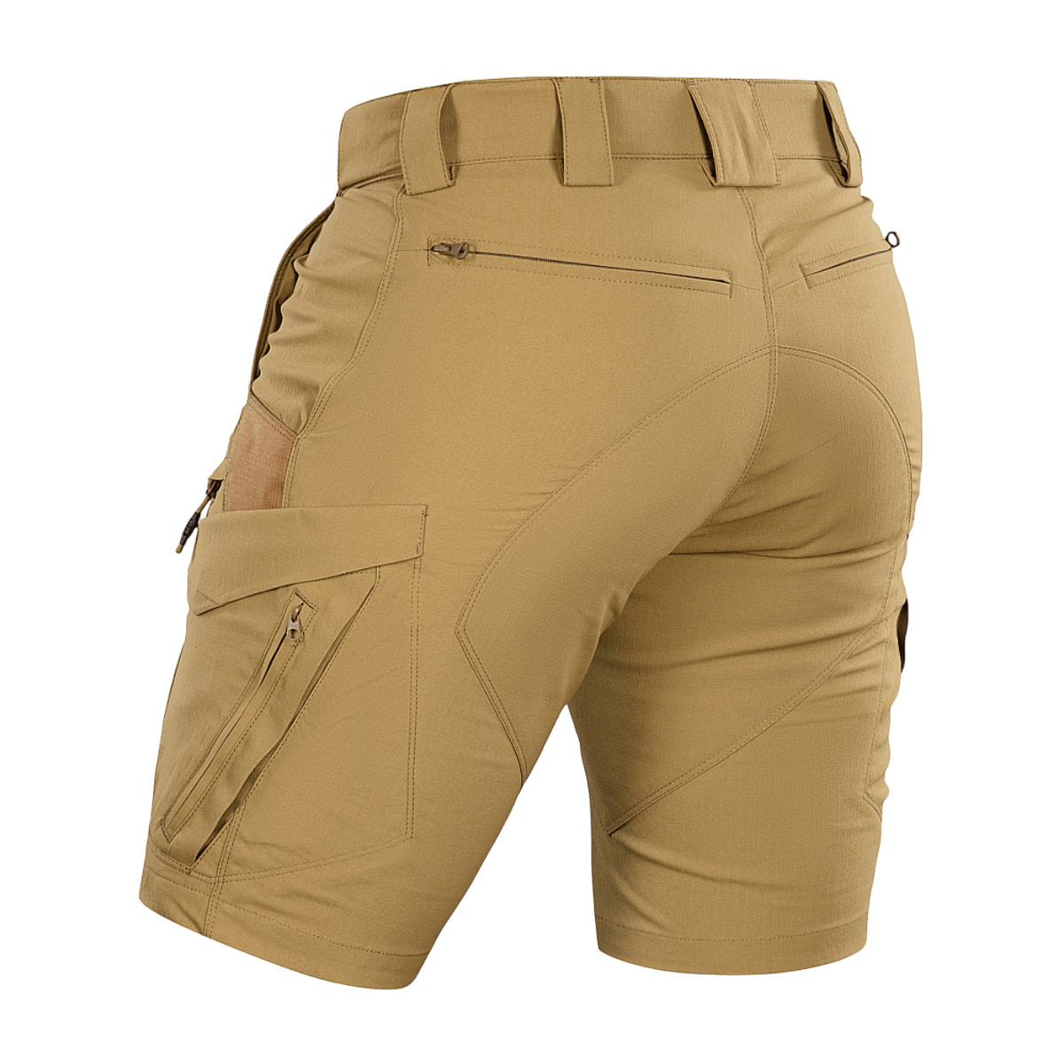 M-Tac Aggressor Summer Flex Shorts bagfra, lette taktiske shorts i Flex Rip-Stop stof, ideelle til træning og udendørs aktiviteter.