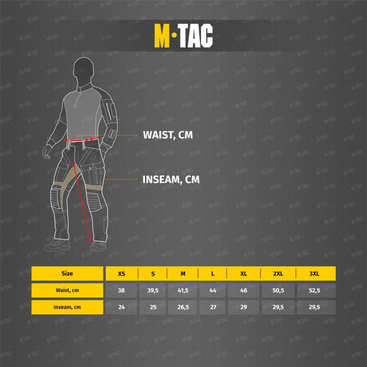 Størrelsesdiagram for M-Tac Aggressor Summer Flex Shorts med talje- og indersømsmålinger på dansk for præcis pasform.
