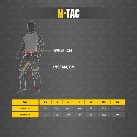 M-Tac Aggressor Summer Flex Shorts størrelsesguide med talje- og benmål i centimeter for optimal pasform.