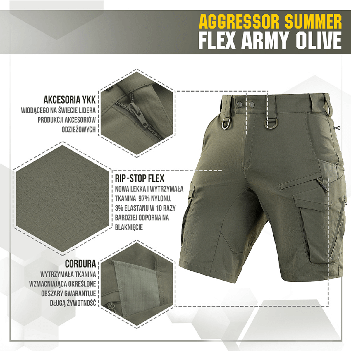 M-Tac Aggressor Summer Flex Shorts i Army Olive farve med taktiske lommer og rip-stop flex stof, ideel til udendørs aktiviteter.