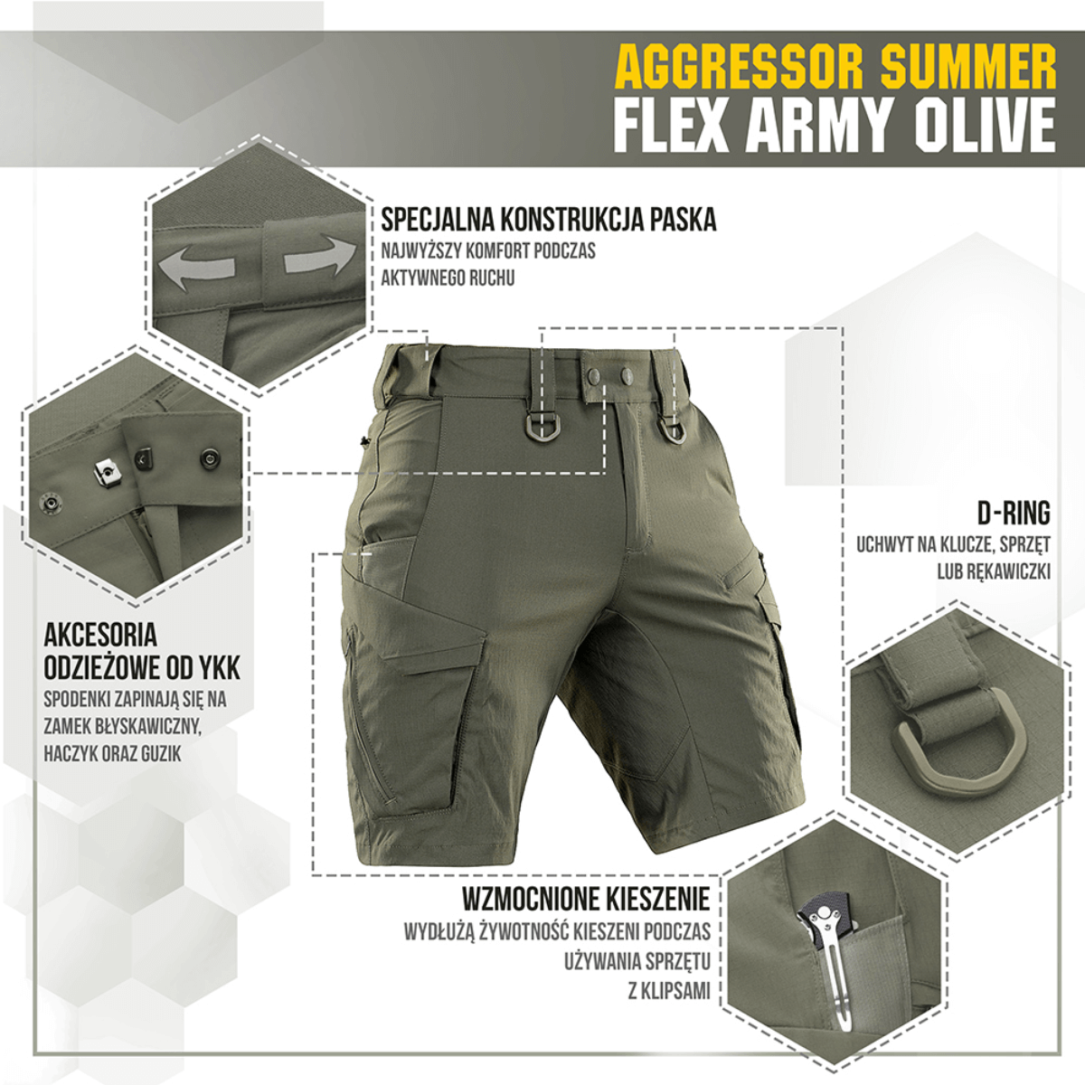 M-Tac Aggressor Summer Flex Shorts i olivengrøn med funktionelle detaljer som lommer og D-ring til udstyrsfiksering.