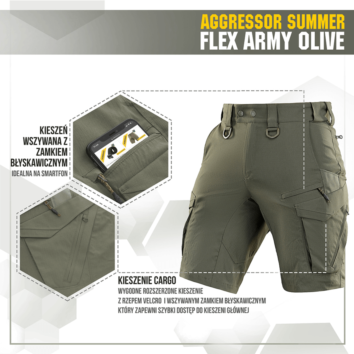 M-Tac Aggressor Summer Flex Shorts i olivengrøn med funktionelle lommer, perfekt til taktik og udendørs brug, letvægts og åndbare.