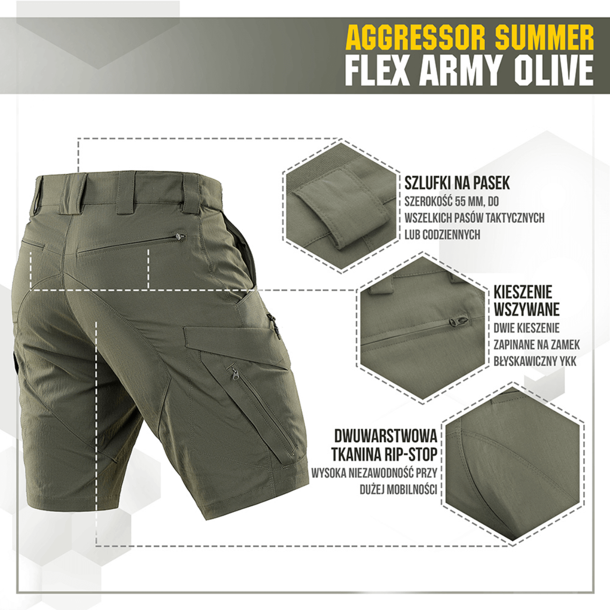 M-Tac Aggressor Summer Flex Shorts i olivenfarve med funktionelle lommer, ideel til udendørs aktiviteter. Taktiske letvægts shorts.