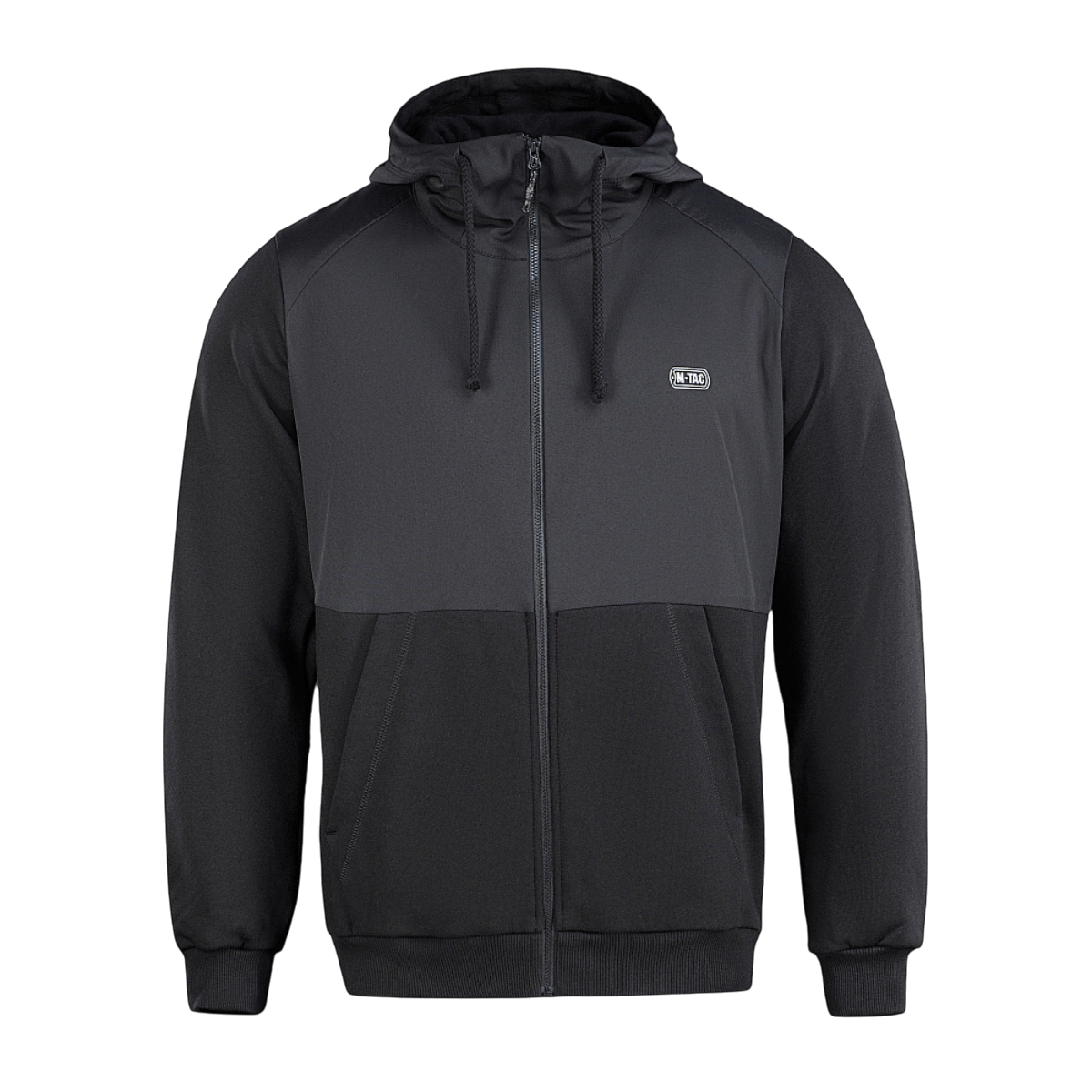 M-Tac Pilgrim Bomberjakke med lynlås og hætte, ideel til hverdagsbrug og sport, i sort design med holdbare materialer og ribbede manchetter.