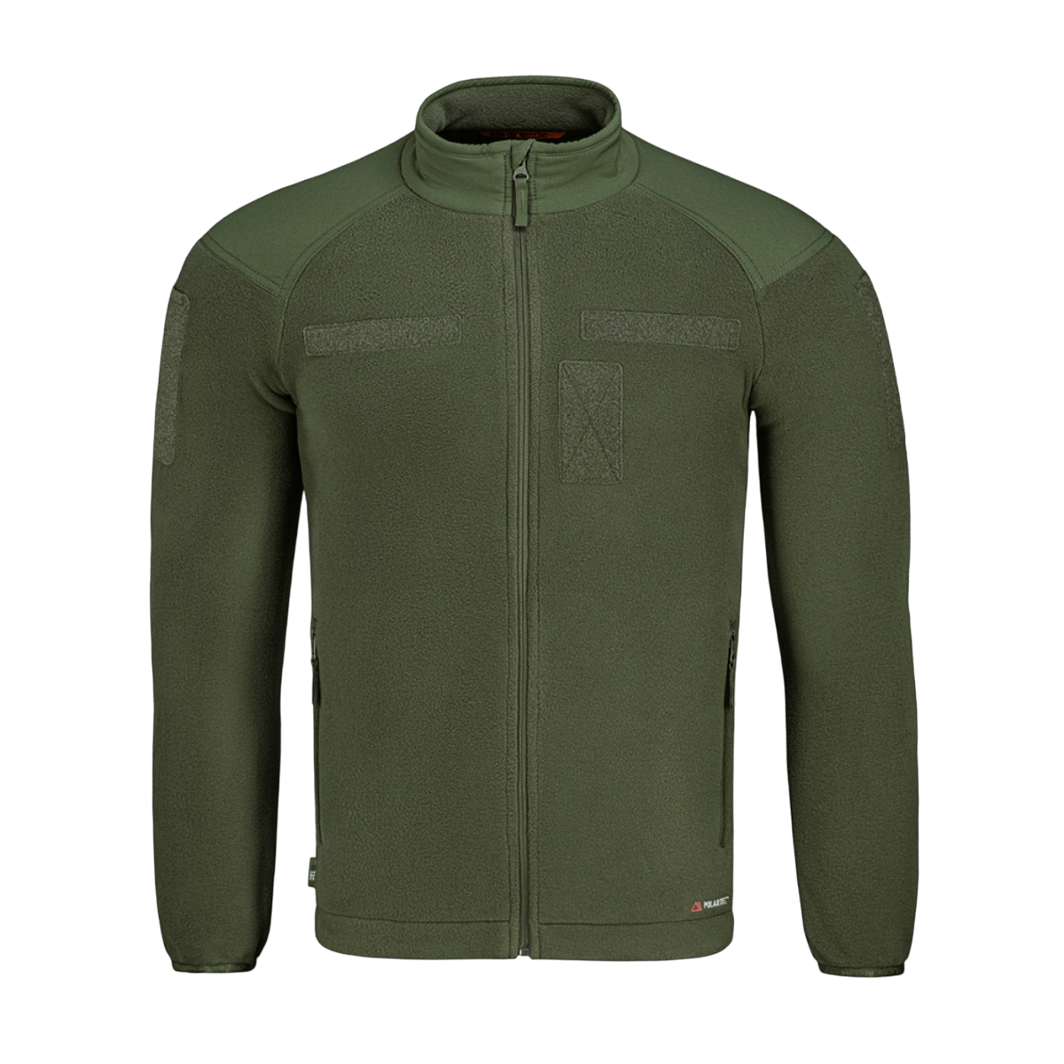 M-Tac Combat Fleece Polartec Jakke i olivengrøn farve med YKK lynlåse, polartec fleece og velcro-paneler, perfekt til taktisk brug.