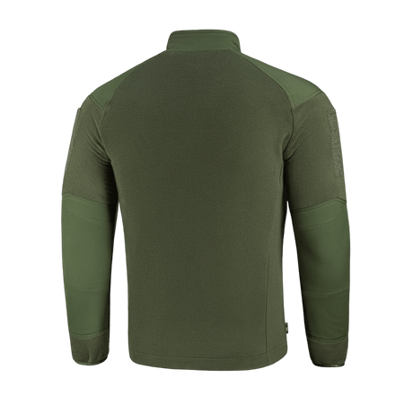 Bagsiden af M-Tac Combat Fleece Polartec Jakke i olivengrøn farve med vind- og strækbare stofindsatser til taktisk brug.