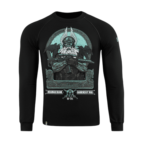 Sort M-Tac Raglan Odin Mystery med Odin-motiv, langærmet og komfortabel pasform, perfekt til hverdagsbrug, 95% bomuld, 5% elastan.