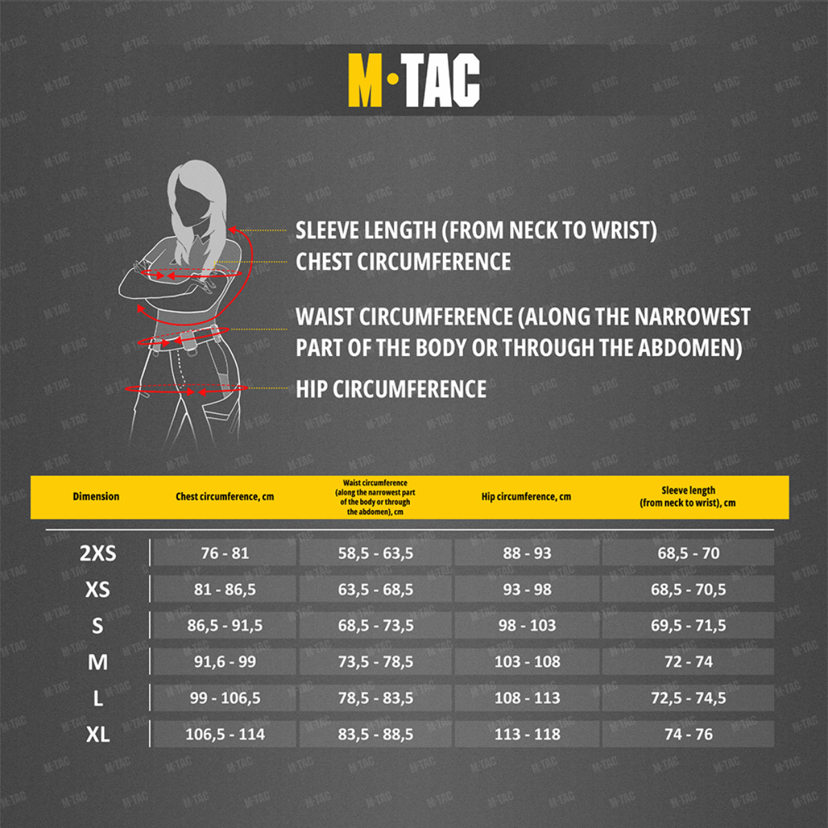 Størrelsesguide for M-Tac Sweater Nord Fleece Polartec Dame med dimensioner som brystomfang, taljeomfang og ærmelængde.