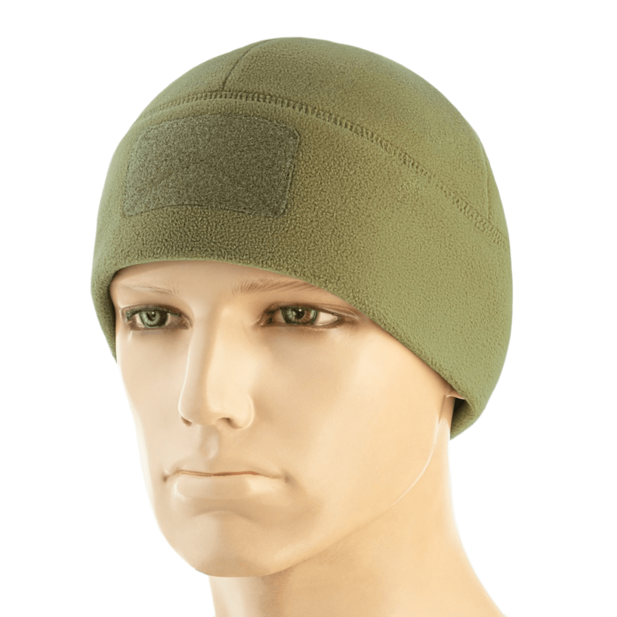 M-Tac Watch Cap Elite Fleece Beanie Hat Velcro i grøn, lavet af 100% polyester fleece, med velcro-panel til mærker. Ideel til koldt vejr.
