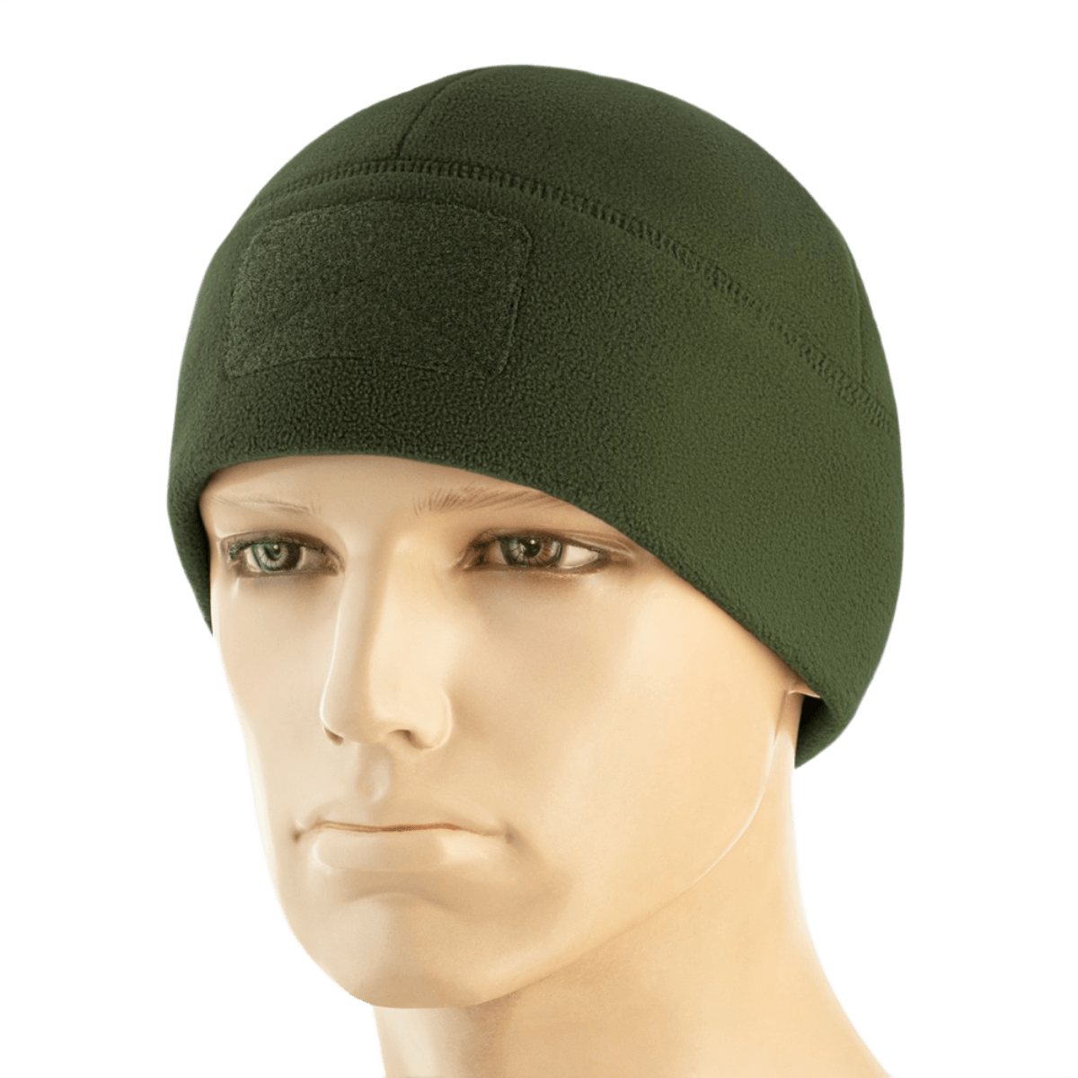 M-Tac Watch Cap Elite Fleece Beanie Hat Velcro i grøn, let og varm hue til taktisk brug med velcro-panel til mærker, bæres på mannequin.
